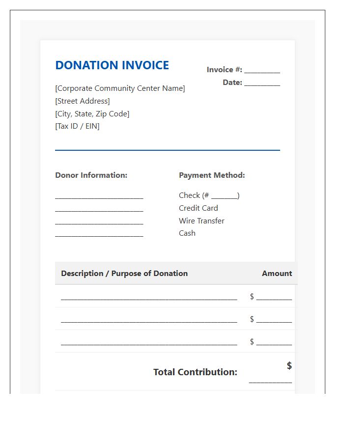Corporate Community Center Donation Invoice Template