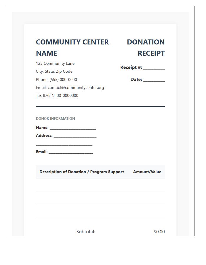 Formal Community Center Donation Invoice Template