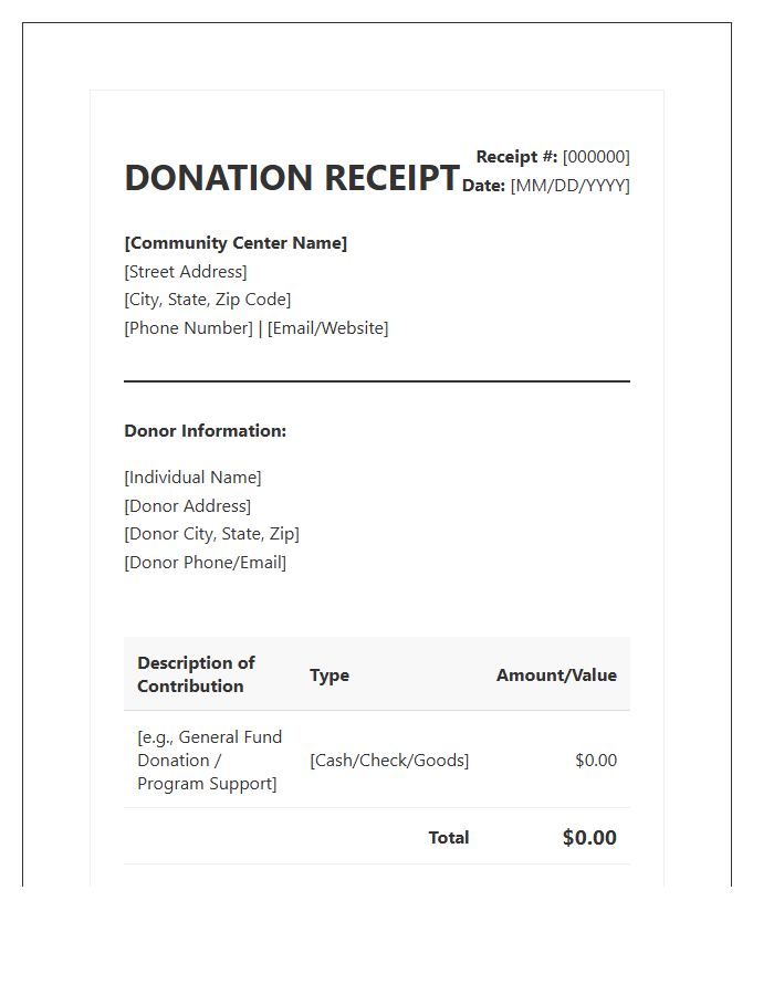 Individual Community Center Donation Invoice Template