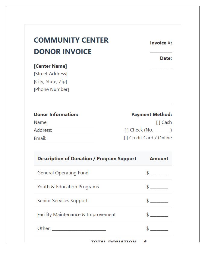 Local Community Center Donation Invoice Template