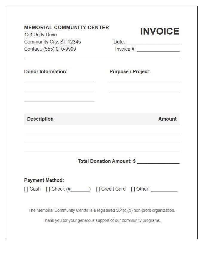 Memorial Community Center Donation Invoice Template