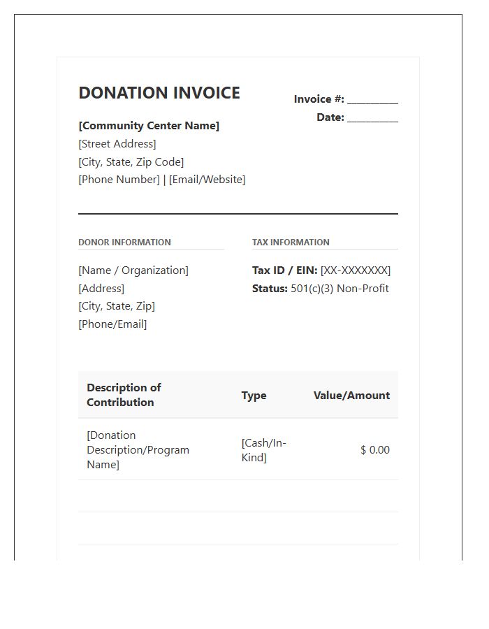 Official Community Center Donation Invoice Template