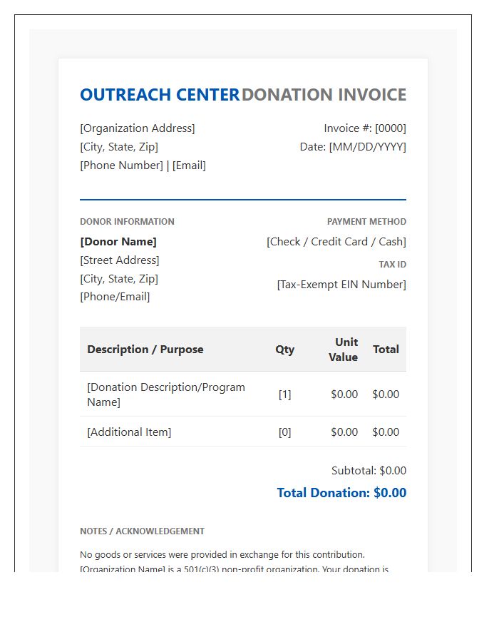 Outreach Center Donation Invoice Template