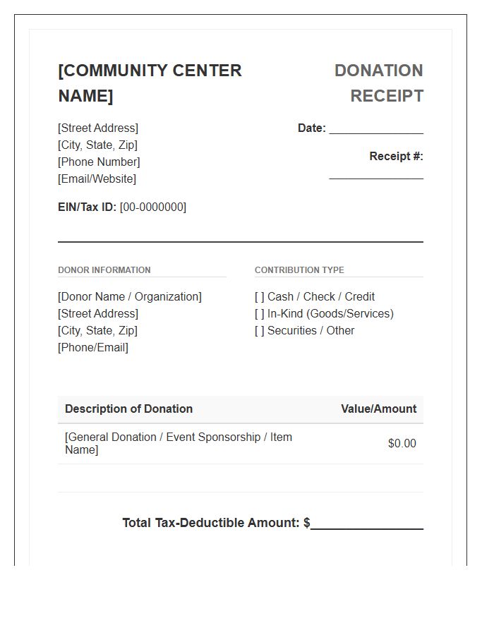 Tax Deductible Community Center Donation Invoice Template
