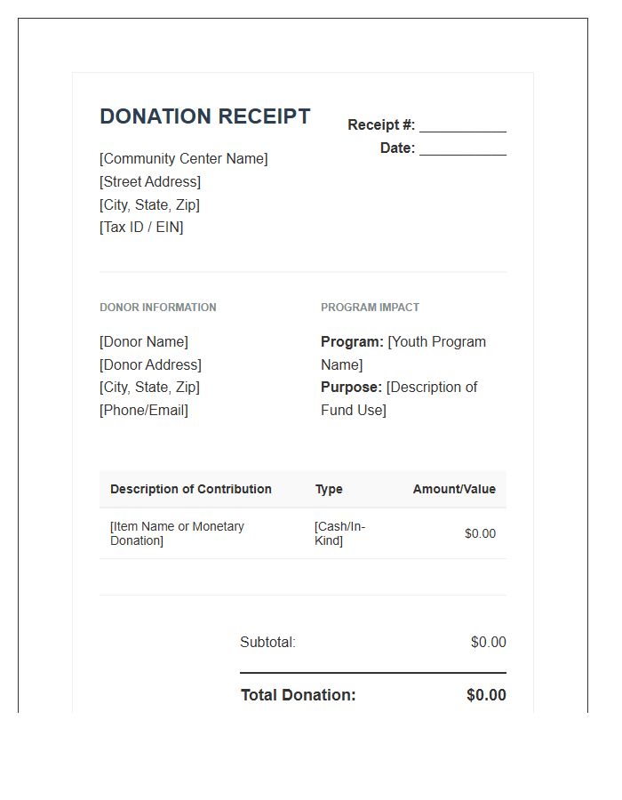 Youth Program Community Center Donation Invoice Template