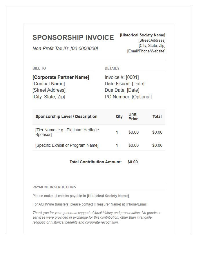 Corporate Sponsorship Historical Society Donation Invoice Template