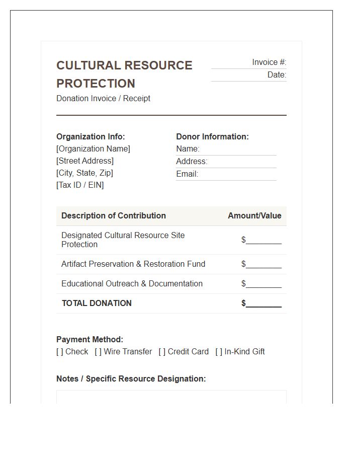 Cultural Resource Protection Donation Invoice Template