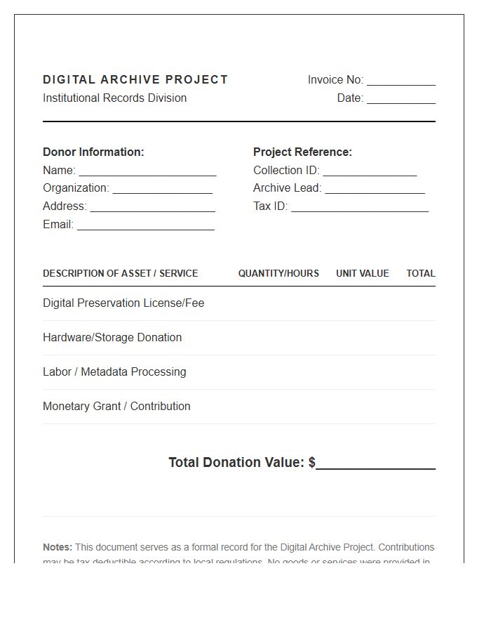 Digital Archive Project Donation Invoice Template