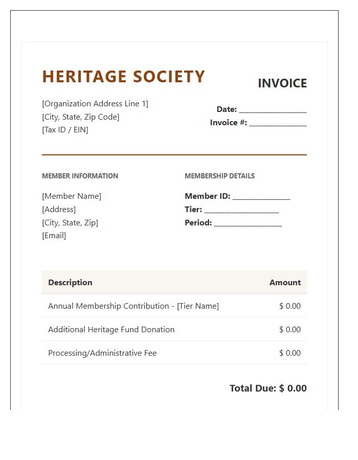 Heritage Society Membership Donation Invoice Template