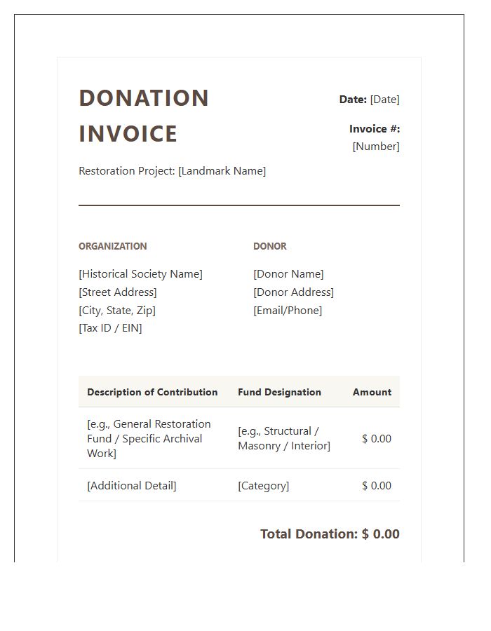 Historical Landmark Restoration Donation Invoice Template