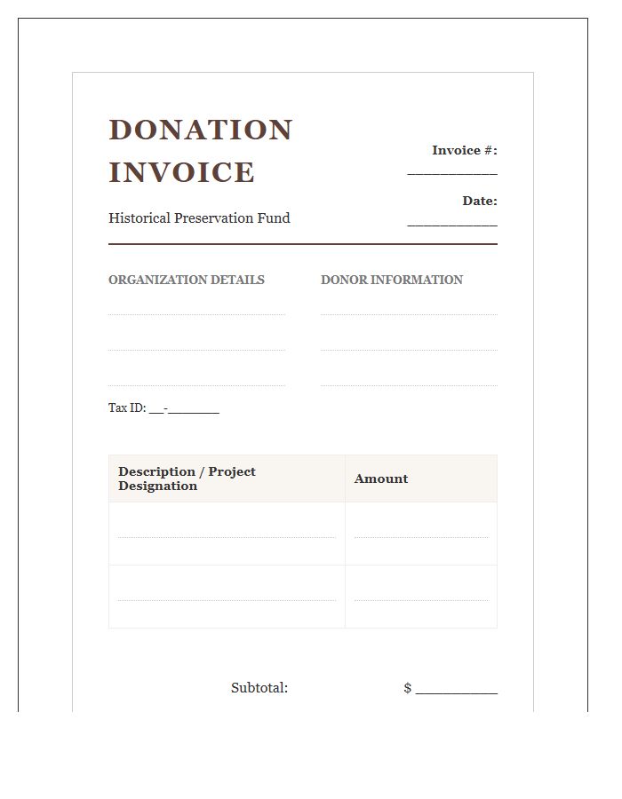 Historical Preservation Fund Donation Invoice Template