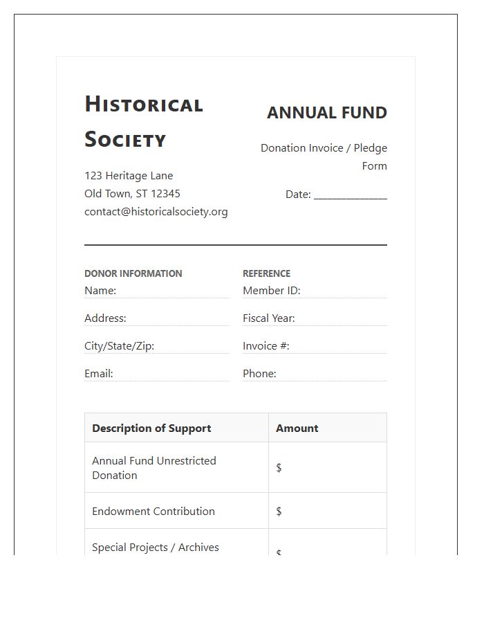 Historical Society Annual Fund Donation Invoice Template