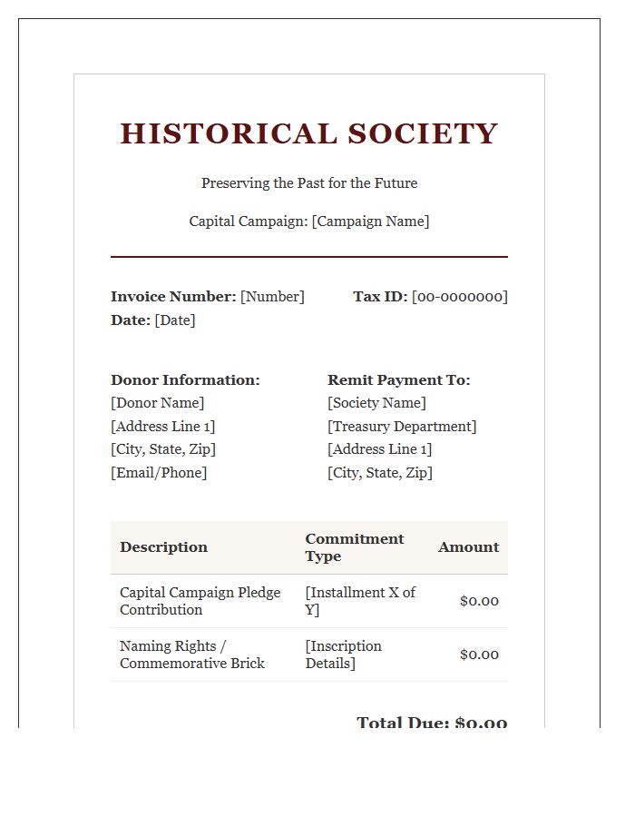 Historical Society Capital Campaign Donation Invoice Template