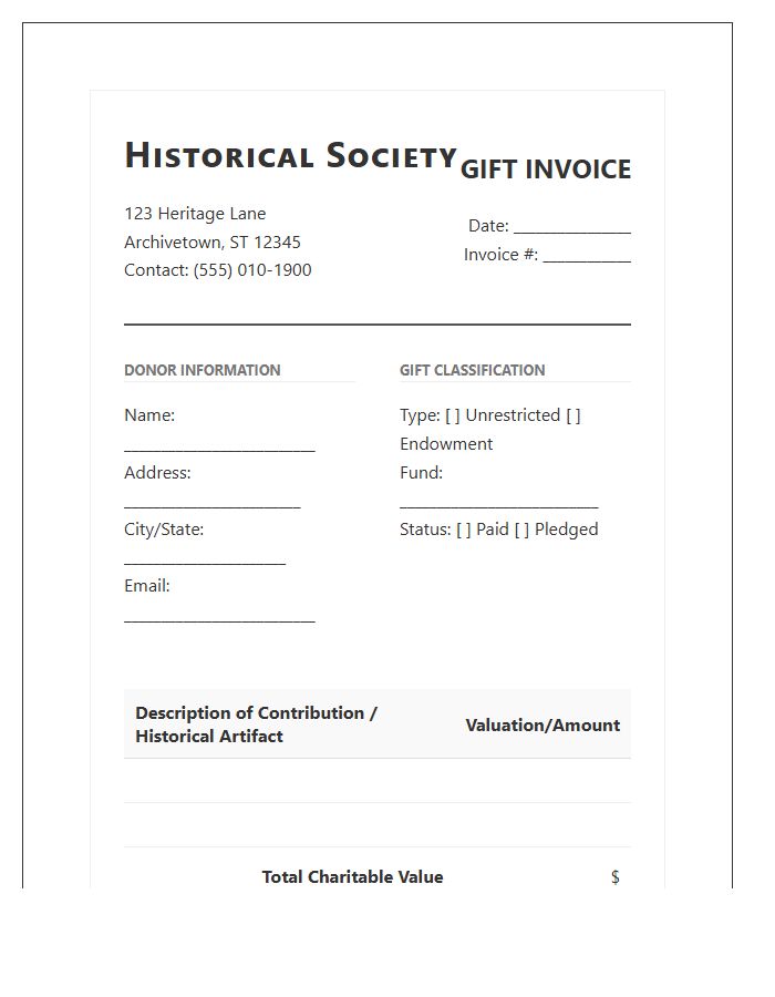 Historical Society Charitable Gift Invoice Template