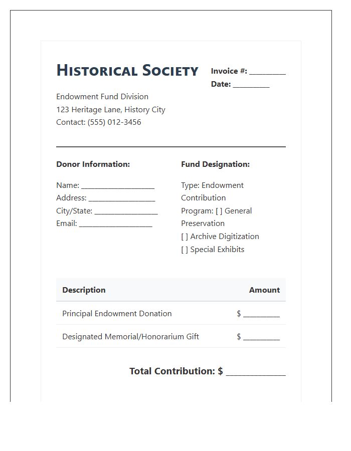 Historical Society Endowment Fund Donation Invoice Template