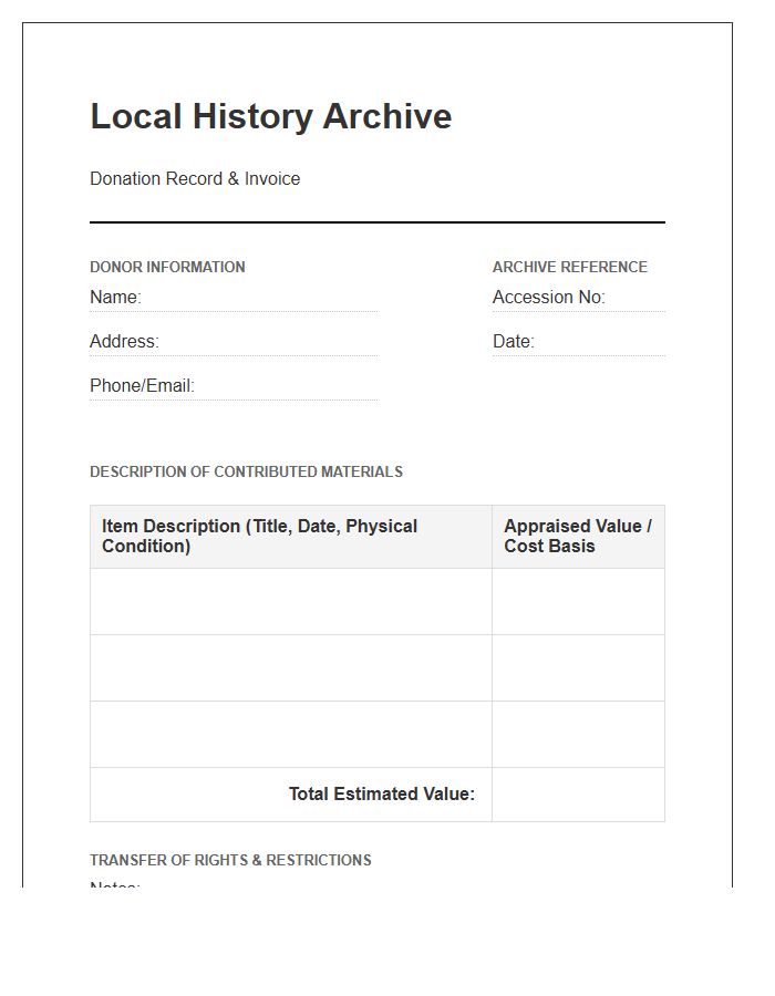 Local History Archive Donation Invoice Template