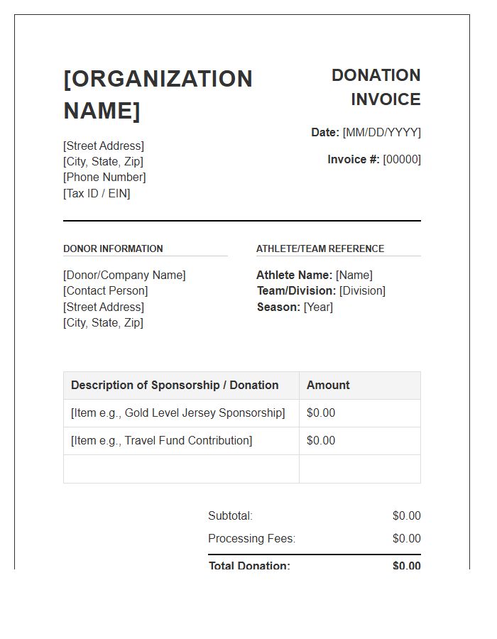 Competitive Youth Sports Donation Invoice Template