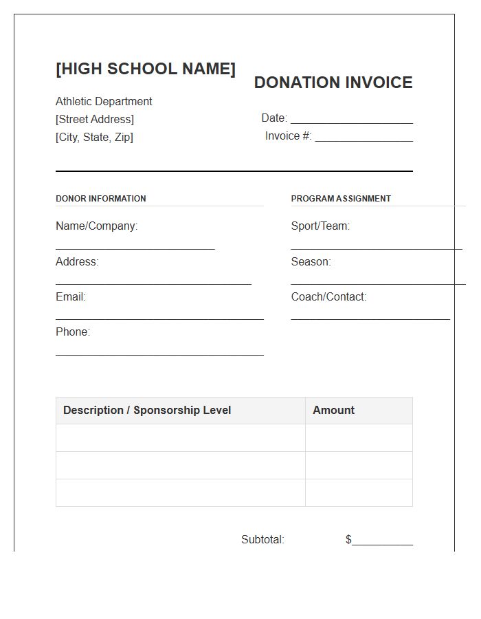 High School Athletics Donation Invoice Template