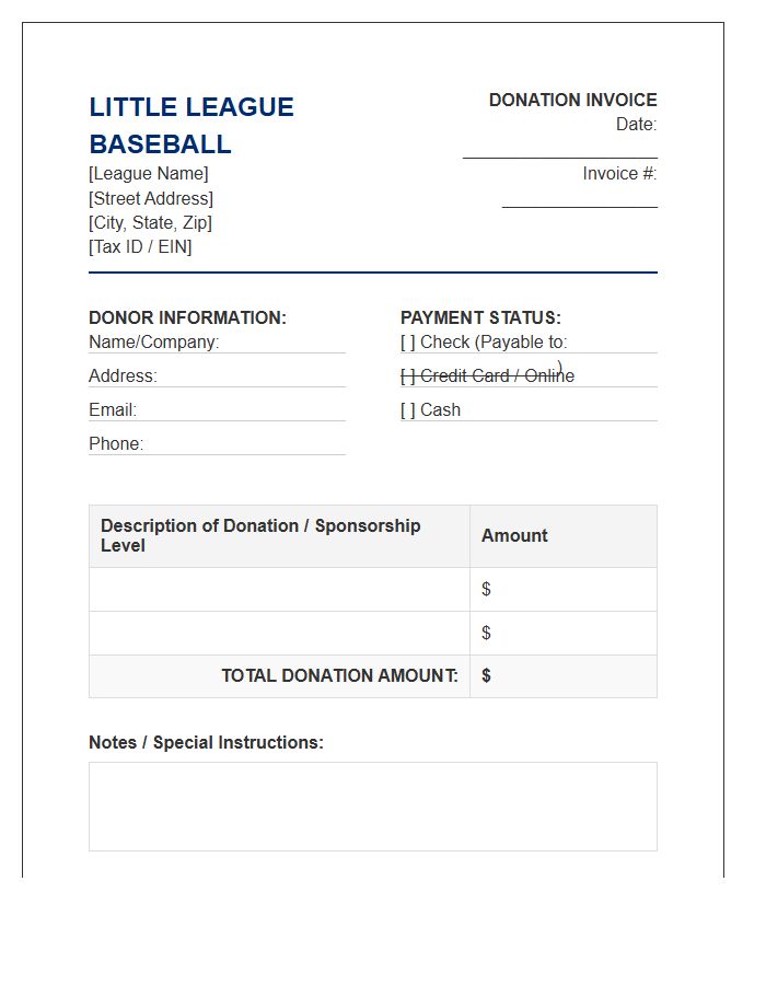 Little League Baseball Donation Invoice Template