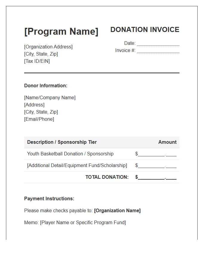 Youth Basketball Program Donation Invoice Template