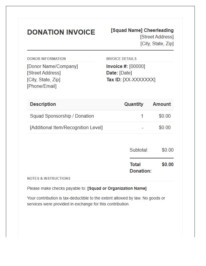 Youth Cheerleading Squad Donation Invoice Template
