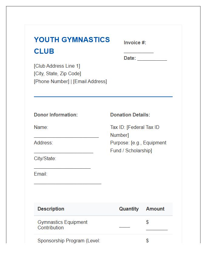 Youth Gymnastics Club Donation Invoice Template