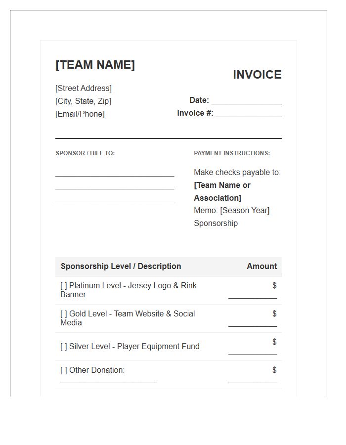 Youth Hockey Team Sponsorship Donation Invoice Template