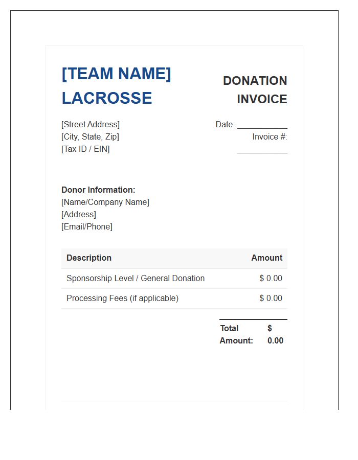 Youth Lacrosse Team Donation Invoice Template