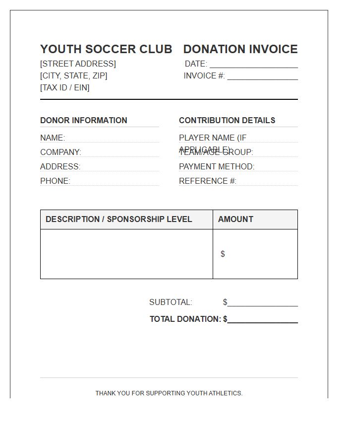 Youth Soccer Club Donation Invoice Template