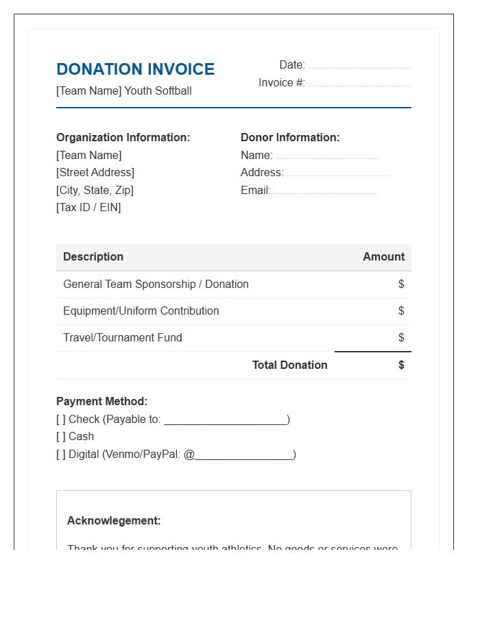 Youth Softball Team Donation Invoice Template