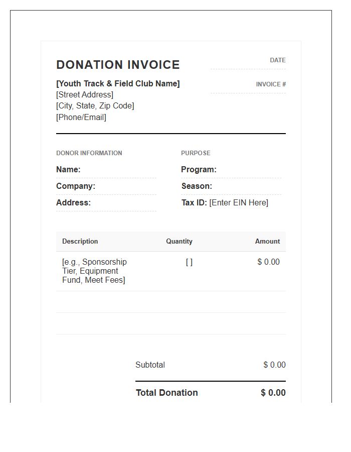 Youth Track And Field Donation Invoice Template