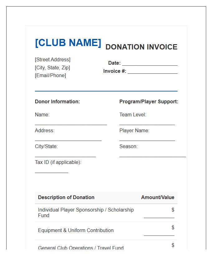 Youth Volleyball Club Donation Invoice Template