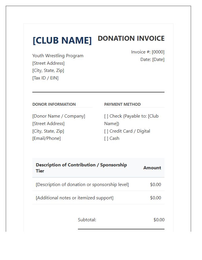 Youth Wrestling Club Donation Invoice Template