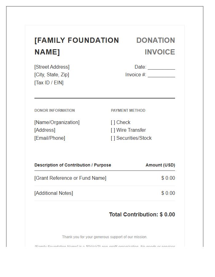Family Foundation Donation Invoice Template