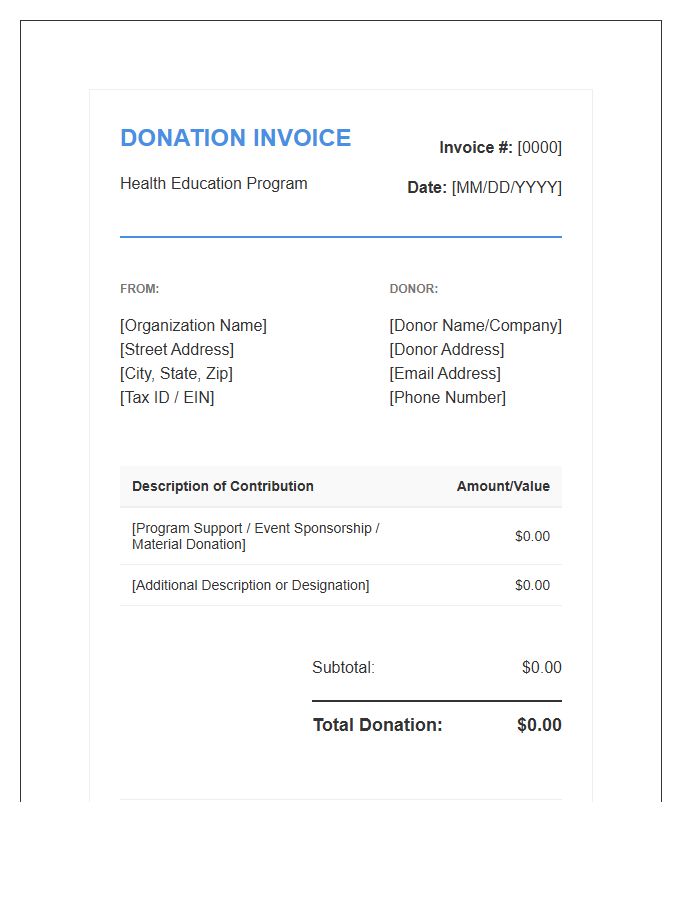 Health Education Program Donation Invoice Template