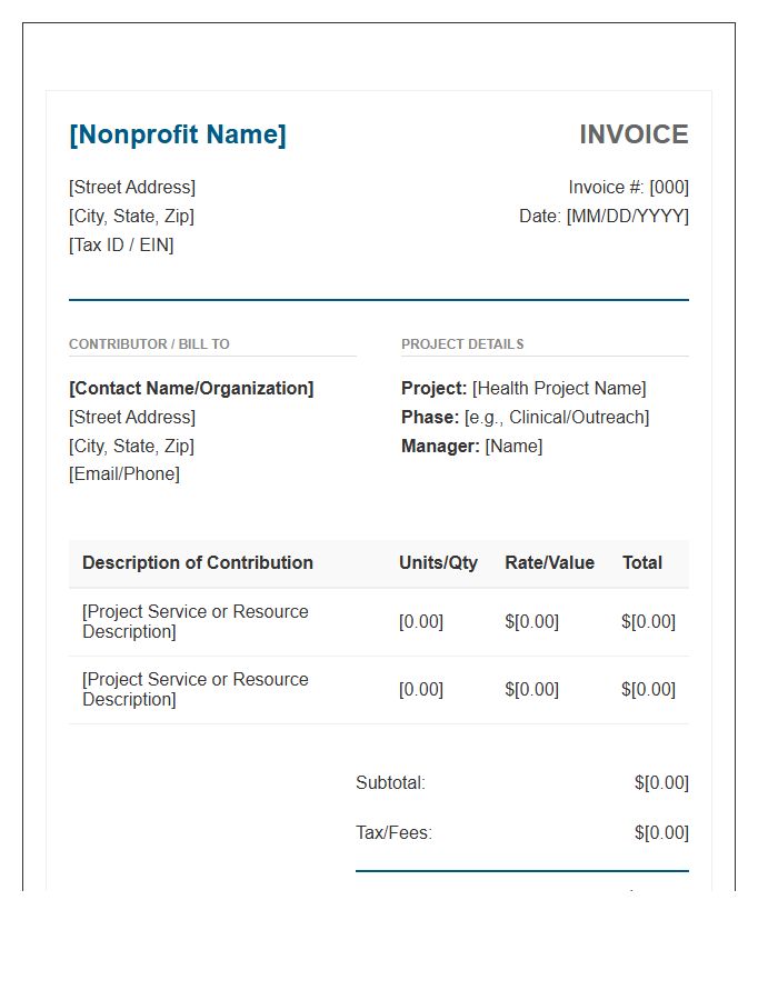 Nonprofit Health Project Contribution Invoice Template