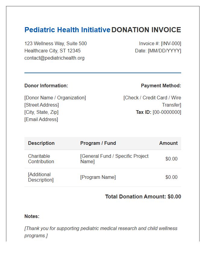 Pediatric Health Initiative Donation Invoice Template