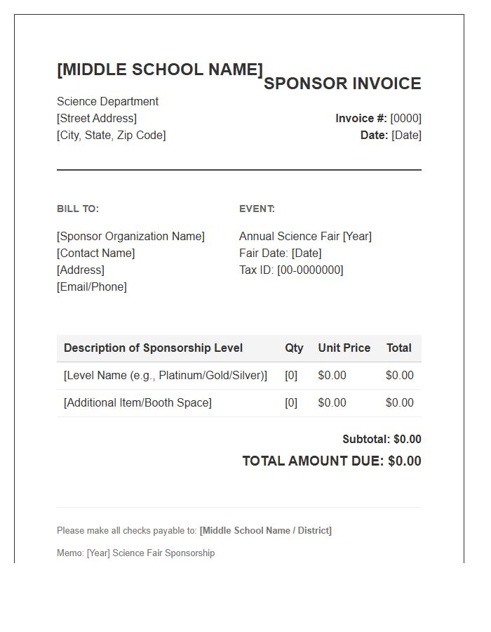 Middle School Science Fair Sponsor Invoice Template