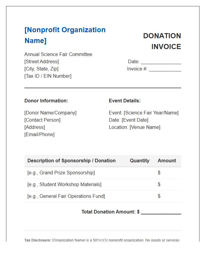 Nonprofit Science Fair Donation Invoice Template