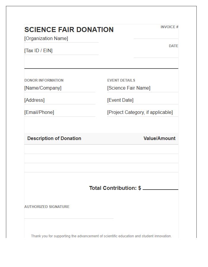 Official Science Fair Donation Invoice Template
