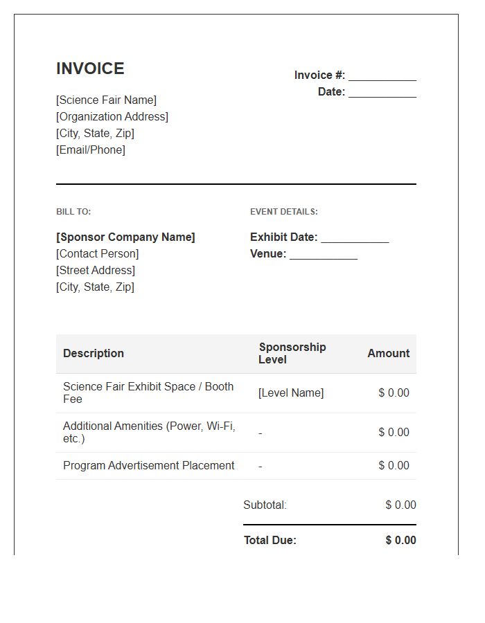 Science Fair Exhibit Sponsor Invoice Template