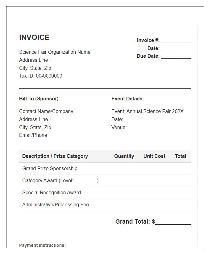 Science Fair Prize Sponsor Invoice Template