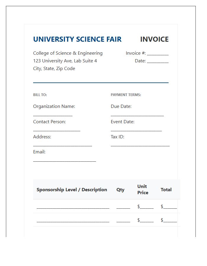 University Science Fair Sponsorship Invoice Template