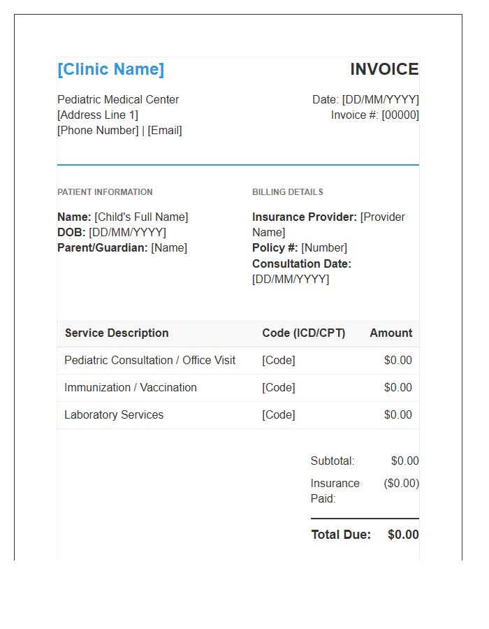 Pediatric Medical Consultation Invoice Template