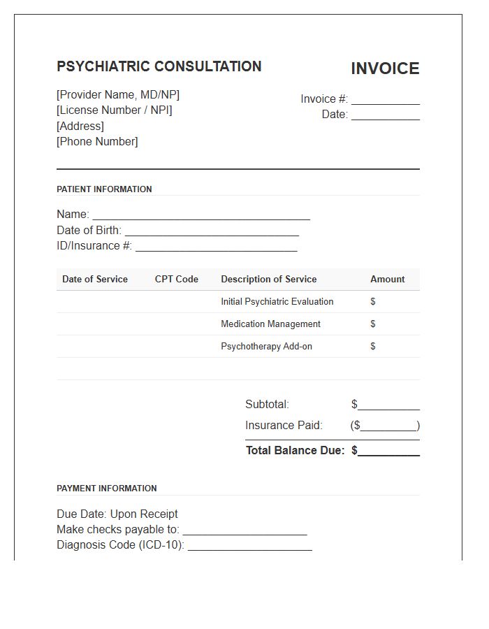 Psychiatric Consultation Billing Invoice Template