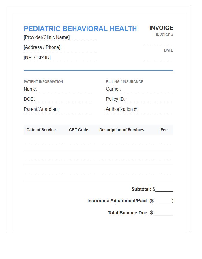 Pediatric Behavioral Health Invoice Template