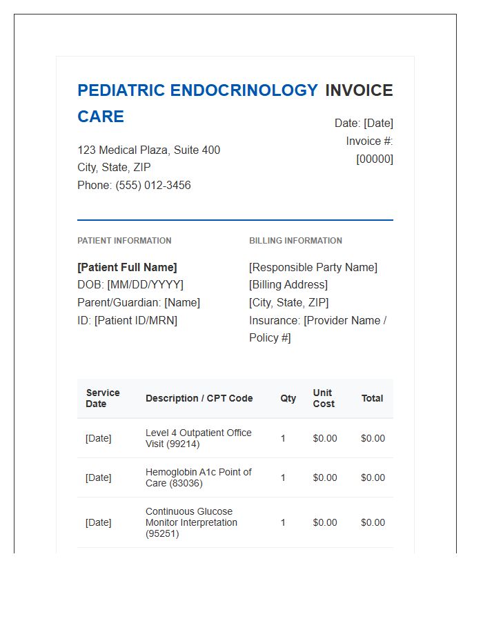 Pediatric Endocrinology Care Invoice Template