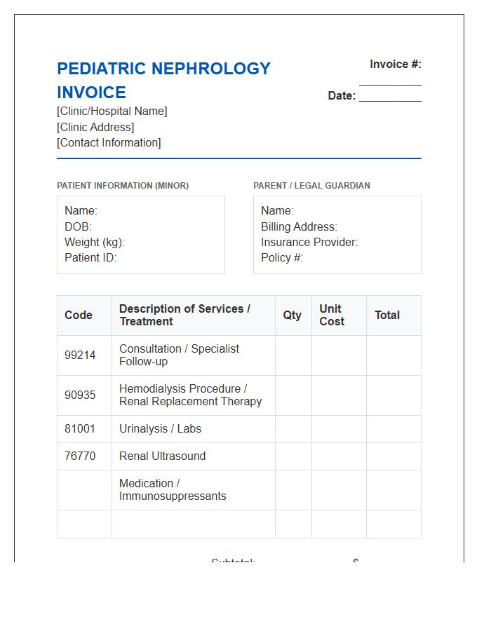 Pediatric Nephrology Treatment Invoice Template