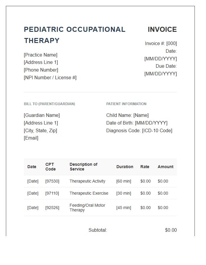 Pediatric Occupational Therapy Invoice Template