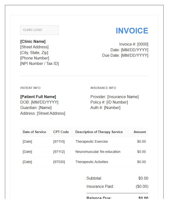 Pediatric Physical Therapy Invoice Template